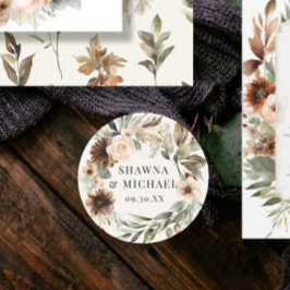 Hösten Blommigt Peach Terracotta Watercolor Bröllo Runt Klistermärke