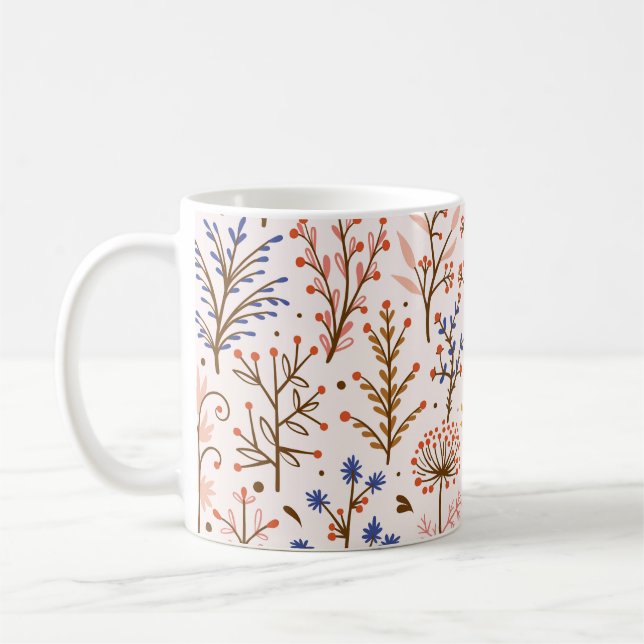 Hösten Blommigt Sömlös Mönster. Doodle Plants, Bra Kaffemugg (Vänster)