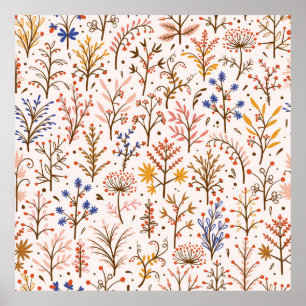 Hösten Blommigt Sömlös Mönster. Doodle Plants, Bra Poster