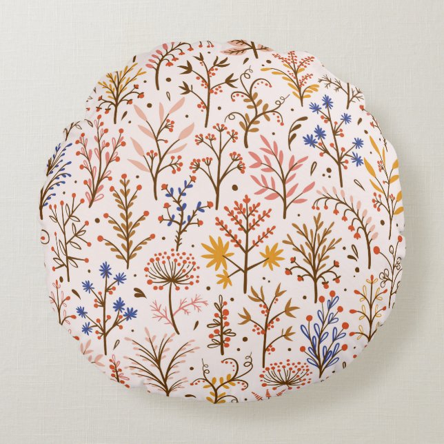 Hösten Blommigt Sömlös Mönster. Doodle Plants, Bra Rund Kudde (Framsidan)