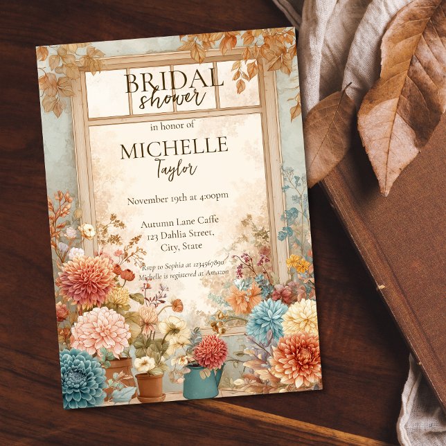 Hösten Blomsterträdgård Inbjudningskort för möhipp (florist shop window with autumn flowers watercolor bridal shower invitation)