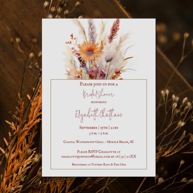 Hösten Boho Blommigt Möhippa | Vit Inbjudningar (Autumn Boho Floral White Bridal Shower Invitation)