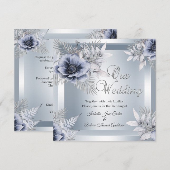 Hösten Bröllop Silver Blue Blommigt Bouquet Inbjudningar (Fram/baksida)