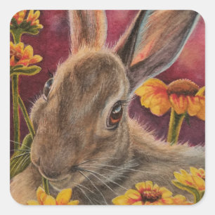 Hösten Bunny Rabbit Gula blommor Watercolor Art Fyrkantigt Klistermärke