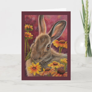 Hösten Bunny Rabbit Gula blommor Watercolor Art  Kort