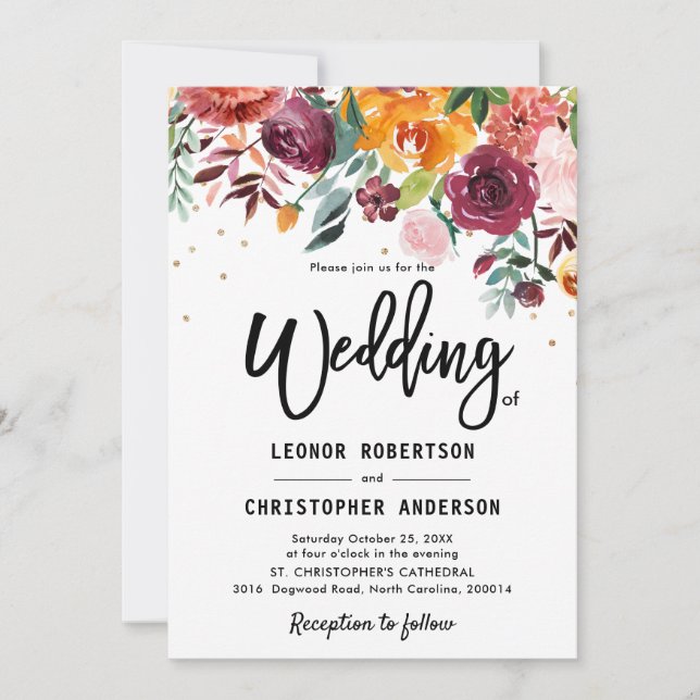 Hösten Burgundy  Blommigt Blommar Bröllop Inbjudningar (Framsida)