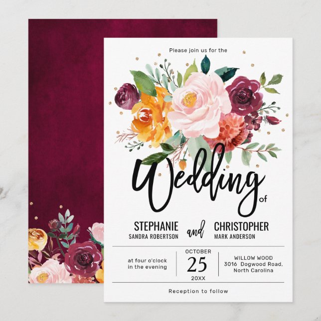 Hösten Burgundy  Blommigt Blommar Bröllop Inbjudningar (Fram/baksida)