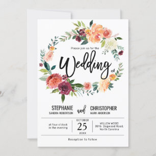 Hösten Burgundy  Blommigt Blommar Bröllop Inbjudningar