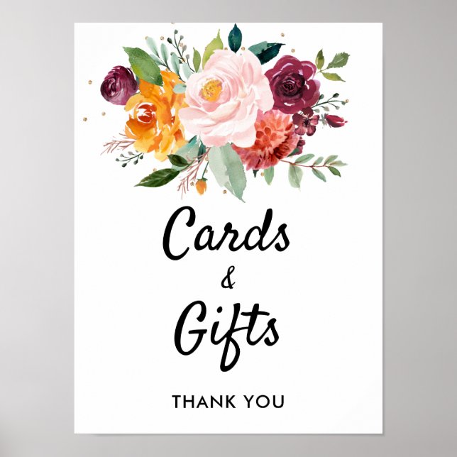 Hösten Burgundy  Blommigt Bröllopskort och gåvor Poster (Framsidan)