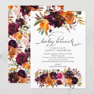 Hösten Burgundy & Orange Blommigt Baby Brunch Inbjudningar