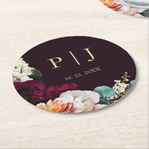 Hösten Burgundy Rosa Blommigt Guld Monogram Bröllo Underlägg Papper Rund