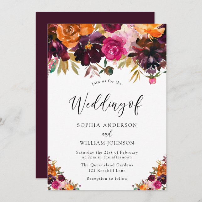 Hösten Burgundy Watercolor Flowers Fall Wedding Inbjudningar (Fram/baksida)