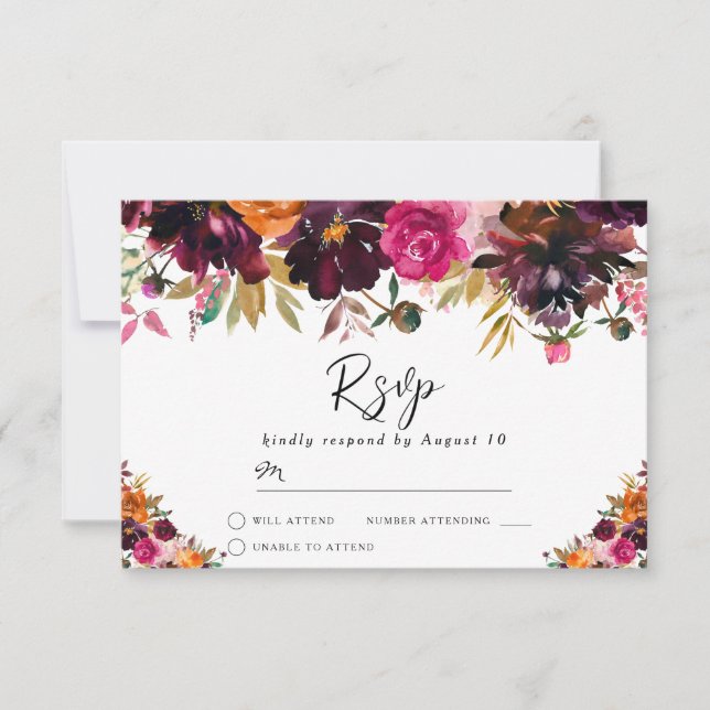 Hösten Burgundy Watercolor Flowers Fall Wedding OSA Kort (Framsida)