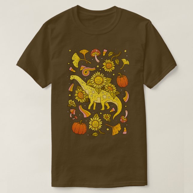 Hösten Camarasaurus Fall Dinosaur Sunblommart T Shirt (Design framsida)