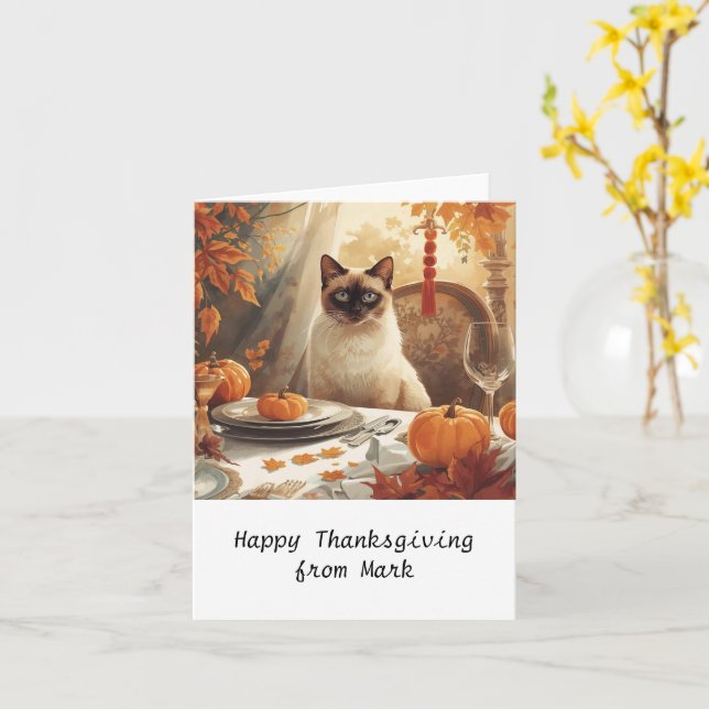 Hösten chic Siamese Cat värdinna katt på middag Kort (Gul blomma)