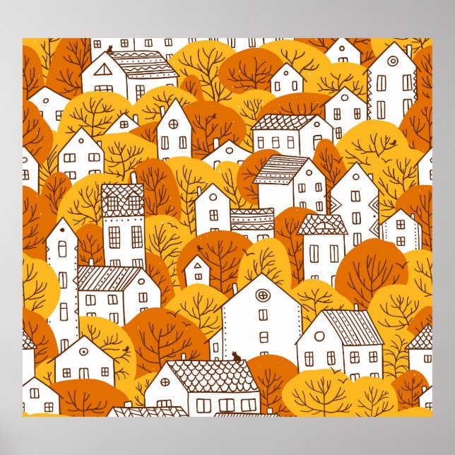 Hösten Cityscape, Träd Houses Mönster. Poster (Framsidan)