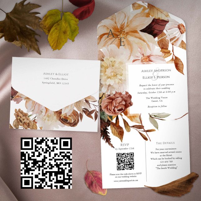 Hösten Elegance, fall bröllop inbjudan med QR-osa (Fall wedding invitation with QR code rsvp and details card. All-in-one Autumn wedding invites)