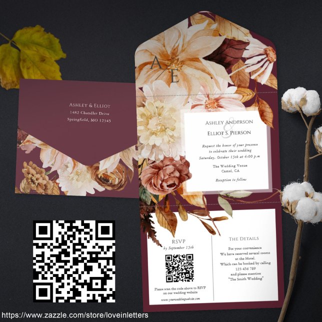 Hösten Elegance, fall bröllop inbjudan med QR-osa (Maroon fall wedding invitation with QR code rsvp and details cards. Watercolor Floral autumn wedding)
