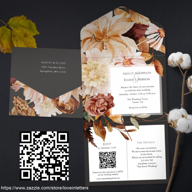 Hösten Elegance, fall bröllop inbjudan med QR-osa (All-in-one Fall wedding invitation with QR code rsvp and details card. Autumn wedding invitations)
