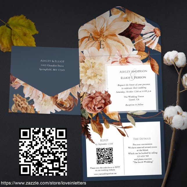 Hösten Elegance, fall bröllop inbjudan med QR-osa (Navy blue fall wedding invitation, Qr code rsvp, details cards. All-in-one Autumn floral invitations)