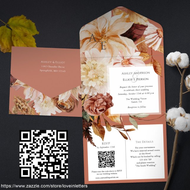 Hösten Elegance, fall bröllop inbjudan med QR-osa (Terracotta Fall wedding invitation and qr code rsvp with details cards. Autumn wedding invites)