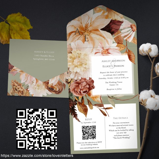 Hösten Elegance, fall bröllop inbjudan med QR-osa (All-in-one, watercolor floral Fall wedding invitation with QR code rsvp. Sage green Autumn invites.)