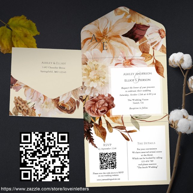 Hösten Elegance, fall bröllop inbjudan med QR-osa (Fall wedding invites and QR code rsvp, details cards. Autumn themed wedding invitations. FLoral)
