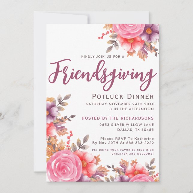 Hösten Elegant Blommigt Friendsgiving Potluck Dinn Inbjudningar (Framsida)