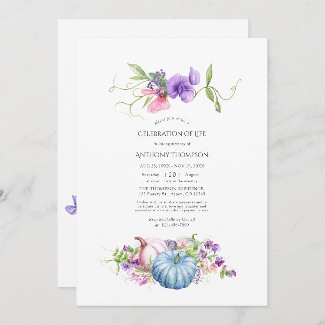 Hösten - Fall Blommigt Pumpkin Firande of Life Inbjudningar (Fram/baksida)