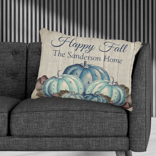 Hösten Fall Blue Pumpkin Rustic Cute Grått Wood A Prydnadskudde (Skapare uppladdad)