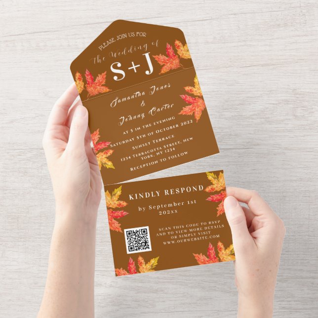 Hösten Fall Löv Terracotta QR-kod Bröllop OSA (Avrivbar del)