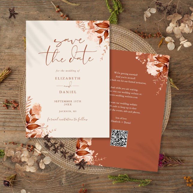 Hösten Fall Rustic Blommigt QR-kod Bröllop Spara Datumet (Autumn Fall Rustic Floral QR Code Wedding Save The Date)
