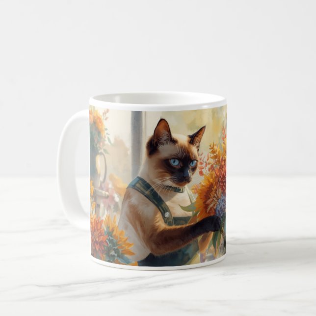 Hösten Fall Siamese Cat florist som arrangerar blo Kaffemugg (Framsida vänster)