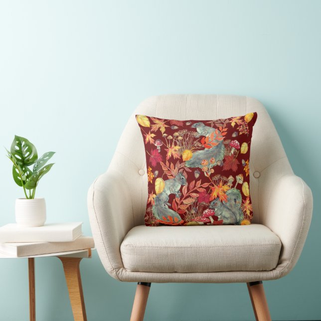 Hösten Fall Squirrel Löv Mushroom Acorn Burgundy Kudde (Stol)