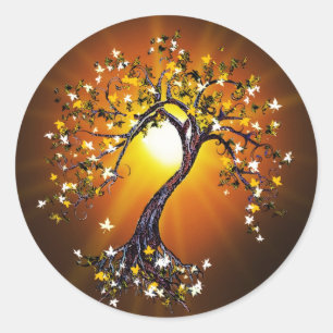 Hösten Fall Träd vid Sunset Stickers Runt Klistermärke