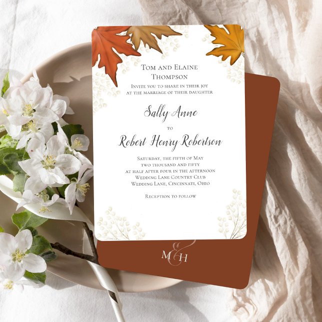 Hösten Fall Watercolor Löv Personligt bröllp Inbjudningar (Fall autumn leaves custom invitation template.)