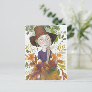 Hösten Farm Girl with Flowers Art Card Vykort
