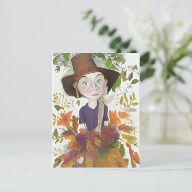 Hösten Farm Girl with Flowers Art Card Vykort (Stående Fram)