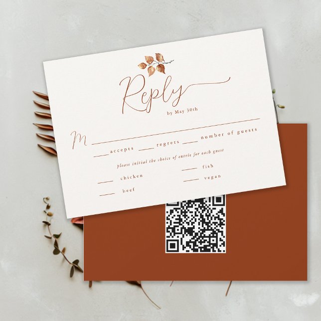 Hösten Foliage Terracotta Fall Wedding QR OSA (Autumn Foliage Fall Wedding RSVP Card Meal Choice QR Code Terracotta Calligraphy Modern Elegant)