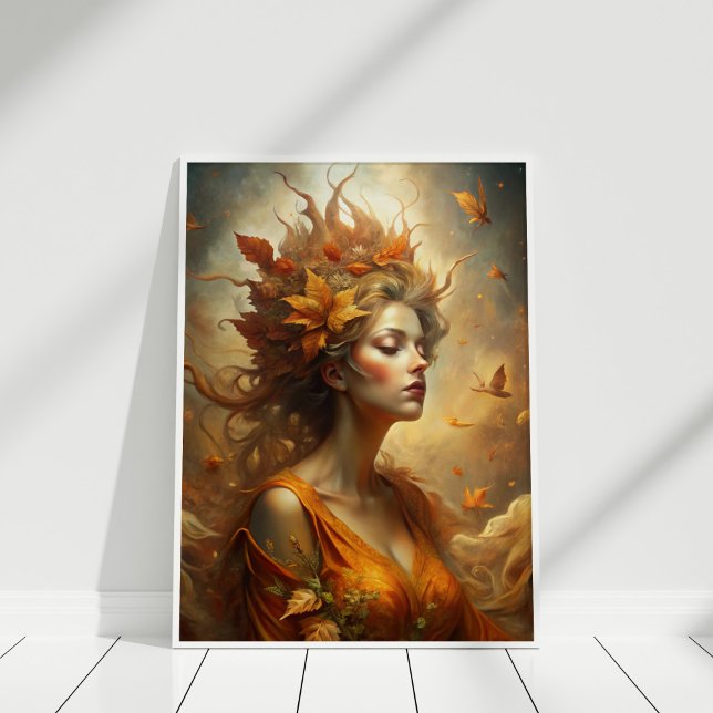 Hösten Forest Fairy - Mystical Fall Wall Art Poster (Autumn Forest Fairy – Mystical Fall Wall Art in a white wooden frame)