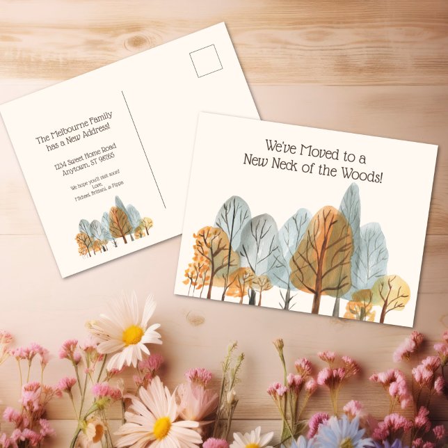 Hösten Forest New Nacke i Skogen Vi har flyttat Vykort (Autumn Forest New Neck of the Woods We've Moved Postcard
)