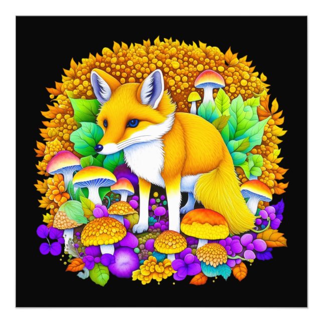 Hösten Fox i svampar och Höst löv Fototryck (Framsidan)