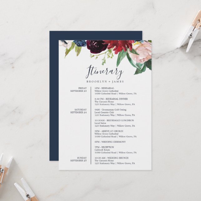 Hösten Garden Burgundy Bröllop inmatningskort (Fram/Back In Situ)