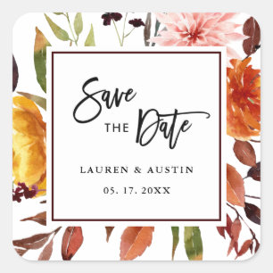 Hösten Garden Watercolor Bröllop Square-etikett Fyrkantigt Klistermärke
