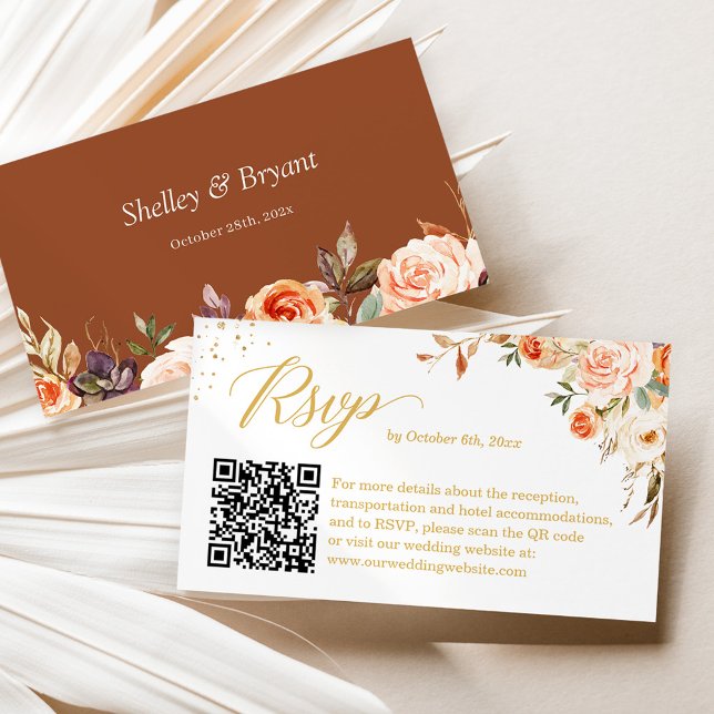 Hösten Guld Blommigt Bröllop Online OSA QR-kod Tilläggskort (Use this QR code card for effortless RSVPs, ensuring guests can easily find wedding details online.)