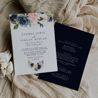 Hösten Guld Blue Rosa Blommigt Back & Front Bröllo Inbjudningar