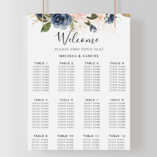 Hösten Guld Blue Rosa Blommigt Bröllop Sittdiagram Poster