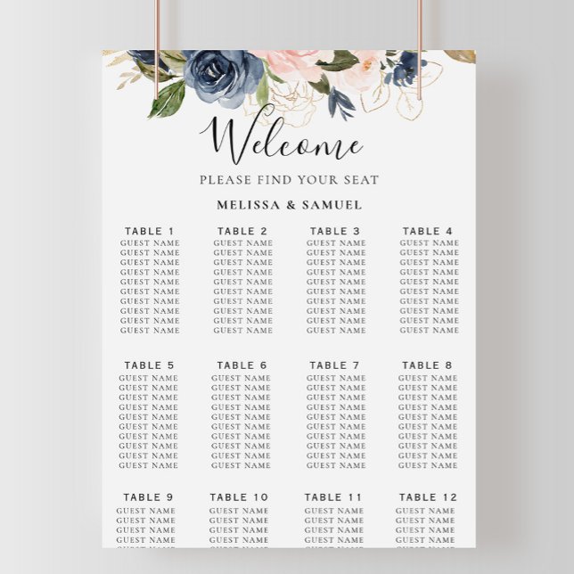 Hösten Guld Blue Rosa Blommigt Bröllop Sittdiagram Poster (Skapare uppladdad)