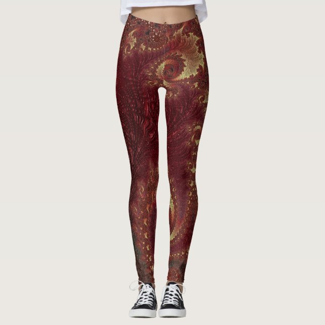 Hösten Guld Leafy Swirls Fractal liggande Leggings (Framsida)