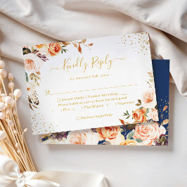 Hösten Guld Löv Blommigt Navy Blue Bröllop OSA Kort